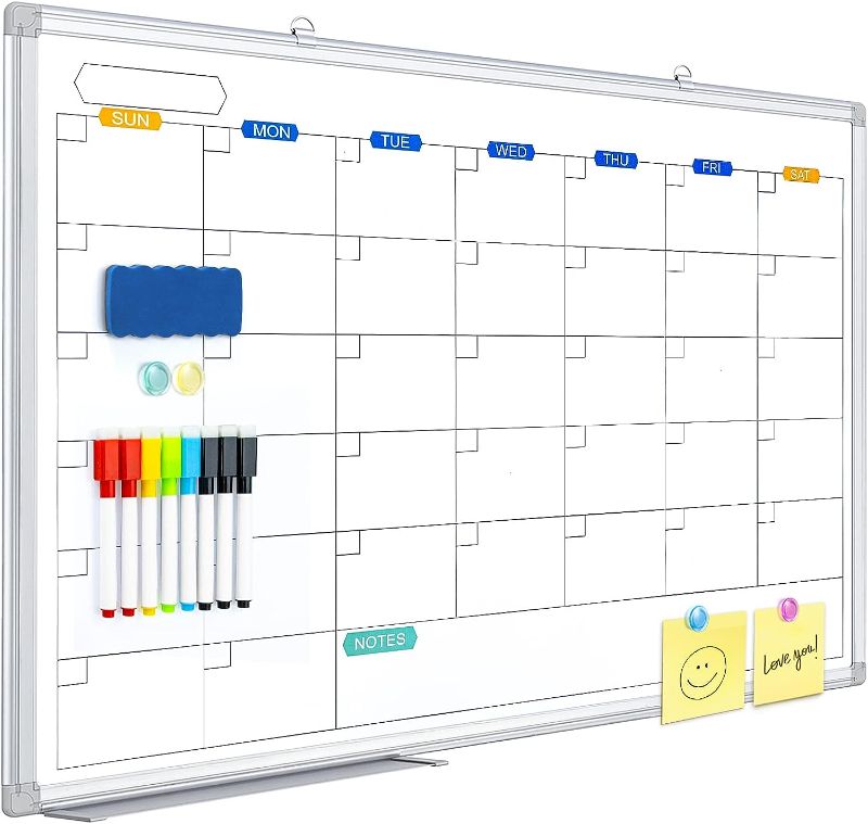 Photo 1 of Monthly Dry Erase Calendar Whiteboard for Wall, 24" x 18" Magnetic White Board Calendar Dry Erase, Wall Hanging Silver Aluminum Frame Calendar Board with Tray for Home, Kitchen, School, Office