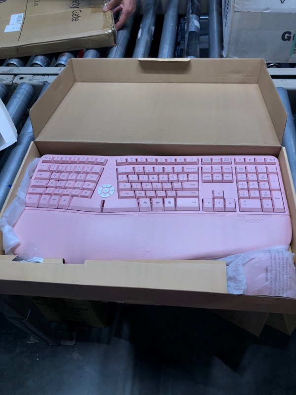 Photo 3 of MEETION Ergonomic Wireless Keyboard and Mouse, Ergo Keyboard with Vertical Mouse, Split Keyboard with Cushioned Wrist Palm Rest Natural Typing Rechargeable Full Size, Windows/Mac/Computer/Laptop, Pink Large Pink