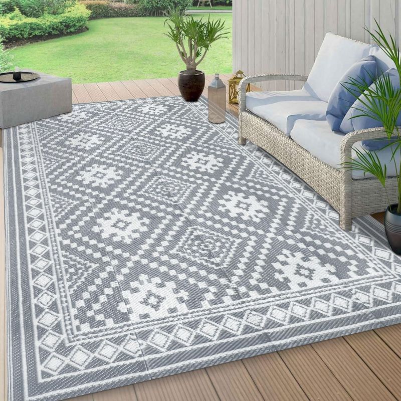 Photo 1 of 5x8 Outdoor Rug Waterproof Plastic Straw Rug Patio Rugs Outdoor Waterproof Reversible Patio Mat Lightweight Portable Aztec Outdoor Area Rug