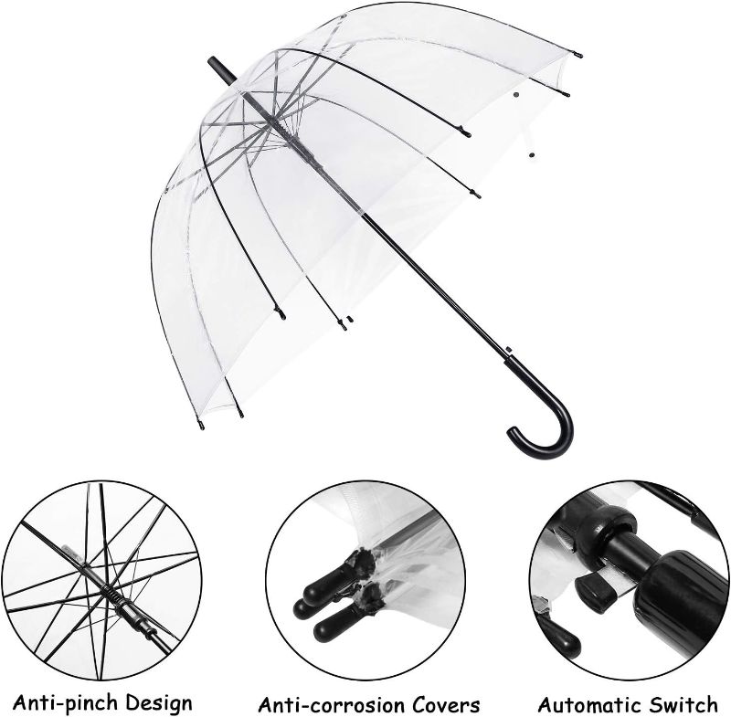 Photo 1 of 46 Inch Clear Bubble Umbrella Large Canopy Transparent Stick Umbrellas Auto Open Windproof with European J Hook Handle Outdoor Wedding Style Umbrella for Adult White Handle