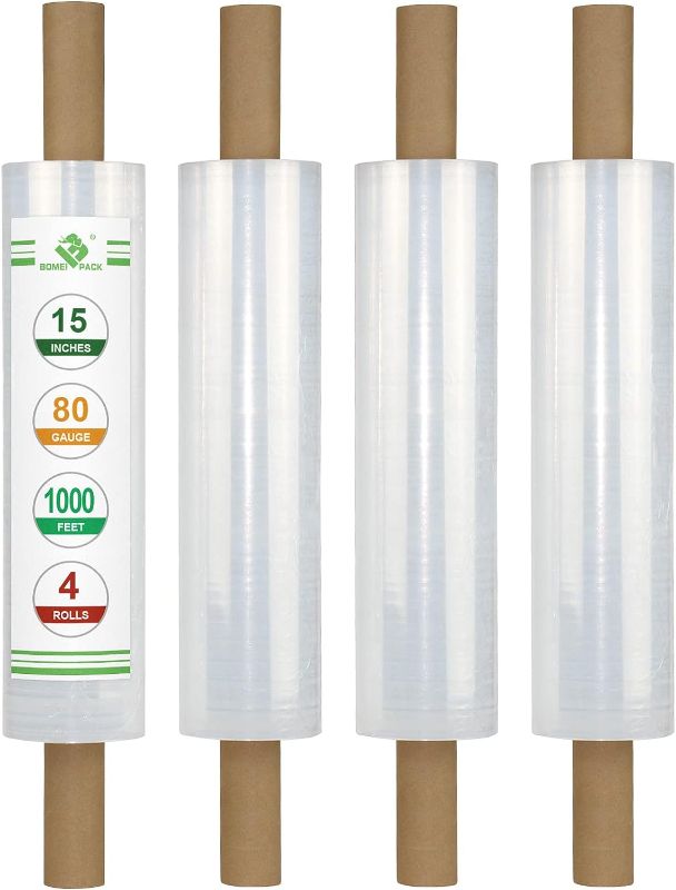 Photo 1 of 4 Pack Stretch Film Wrap - Industrial Clear Plastic Stretch Wrap 1000 Feet 80 Gauge with Handle, Cling Plastic Pallet for Packing, Moving Supplies, Duty Shrink Film Roll 15 Inch, BOMEI PACK
