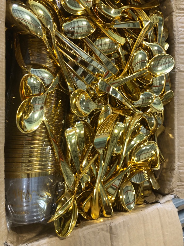 Photo 1 of 600 Piece Wedding Party Plates Disposable Dinnerware Set 100 Guests -By Zulzzy -100 Gold Plastic Plates, 100 Gold Salad Plates, 100 Gold Plastic Silverware Set, 100 Gold Plastic Cups