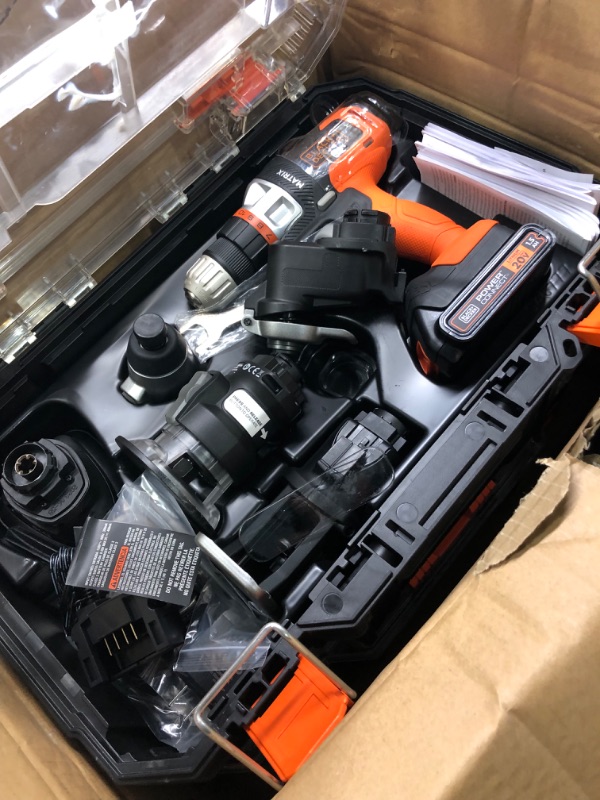 Photo 5 of BLACK+DECKER MATRIX 20V MAX Power Tool Kit, Includes Cordless Drill, 12 Attachments and Storage Case (BDCDMT1212KITC1)