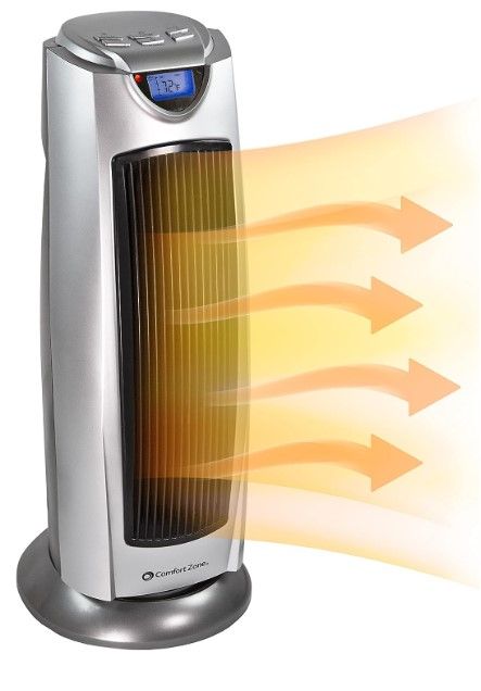 Photo 1 of Comfort Zone CZ499R 1,500-Watt Oscillating Ceramic Tower Heater with Remote Control, 90-Degree Oscillation, Backlit Digital Thermostat with Temperature Display, Timer, and Built-in Overheat Sensor