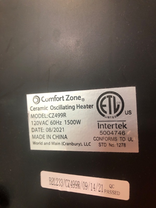 Photo 4 of Comfort Zone CZ499R 1,500-Watt Oscillating Ceramic Tower Heater with Remote Control, 90-Degree Oscillation, Backlit Digital Thermostat with Temperature Display, Timer, and Built-in Overheat Sensor