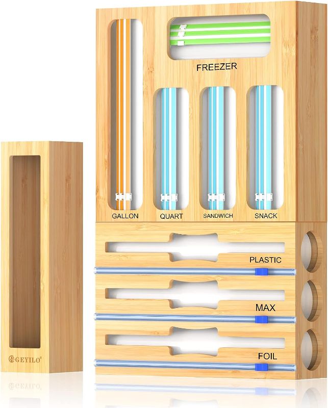 Photo 1 of 9 IN1 Bamboo Foil and Plastic Wrap Dispenser with Cutter for Kitchen Drawer, Ziplock Bag Storage Organizer, Compatible with Gallon, Quart, Sandwich and Snack Variety Size Bags