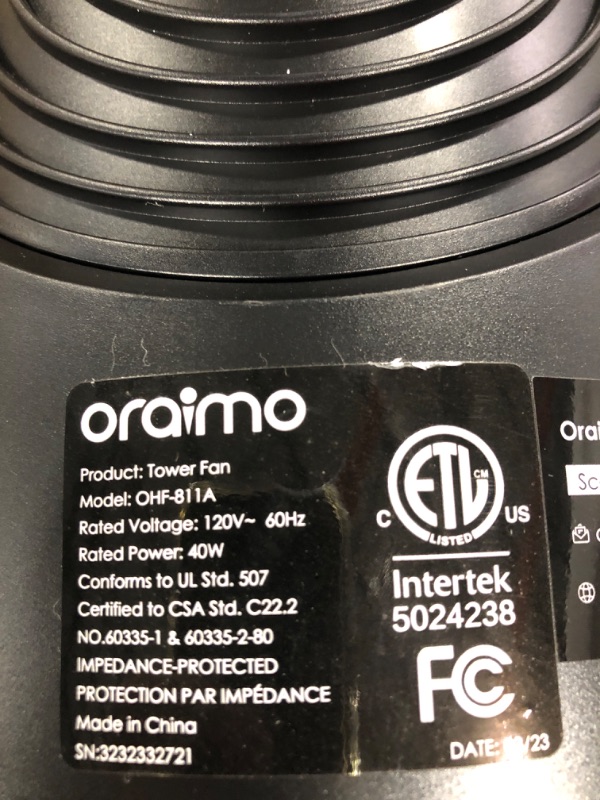 Photo 4 of Oraimo Tower Fan 42 inch, 29ft Air Supply Distance, Quiet 120° Oscillating Fan with 12 Speeds, 4 Modes, 12H Timer, Standing Bladeless Tower Fan with Remote & Full LED Display, OHF-811A Wide-Wind Fan