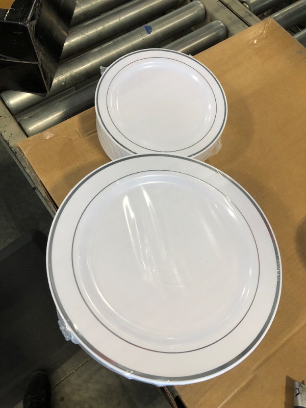 Photo 2 of Aya's 60 Silver Plastic Plates Disposable Heavy Duty Premium Plastic Plates, 30 Plastic Dinner Plates + 30 Dessert Appetizer Plates for Weddings, Fancy Disposable Plates for Party White Plastic Plates 60 Pack Silver
