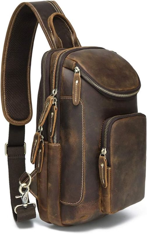 Photo 1 of LANNSYNE Vintage Full Grain Leather Sling Bag Crossbody Chest Daypack