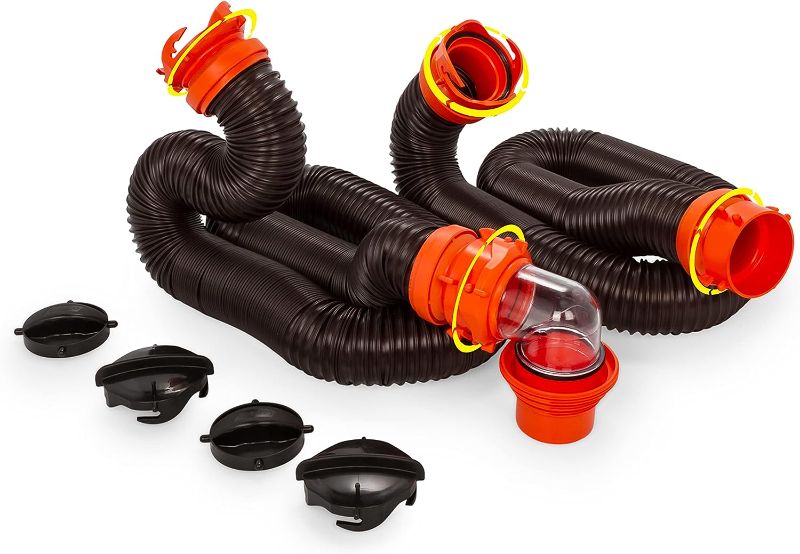 Photo 1 of Camco RhinoFLEX 20’ Camper/RV Sewer Hose Kit | Clear Elbow w/ Removable 4-in-1 Adapter & Pre-Attached Swivel Bayonet and Lug Fittings | Sections Compress for RV Storage and Organization