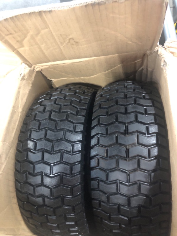 Photo 3 of 2-Pack 13x5.00-6 Flat-Free Tire with Rim,3"Centered Hub with 3/4" Bushings, w/Grease Fitting?400lbs Capacity,13x5-6 No-Flat Solid Rubber Turf Wheel, for Riding Lawn mower, Garden Cart, Wheelbarrow