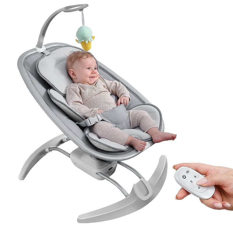 Photo 1 of Baby Swings for Infants Newborn, RONBEI Swing for Baby Boy Baby Girl, Electric Comfort Portable Baby Swing with 3 Swing Speeds Music Remote Control Gray