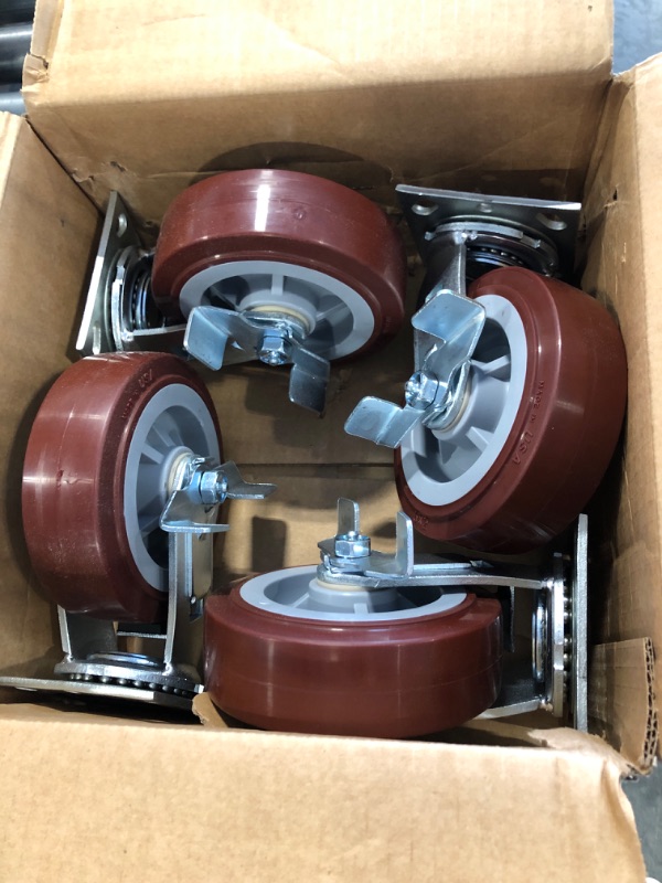 Photo 3 of 6" X 2" Heavy Duty Caster Set of 4-2 Swivel Casters and 2 Rigid Casters - 3600 lbs Per Set of 4 - (4 Pack) - Dark red Polyurethane on Black Polyolefin Core - CasterHQ Brand Casters