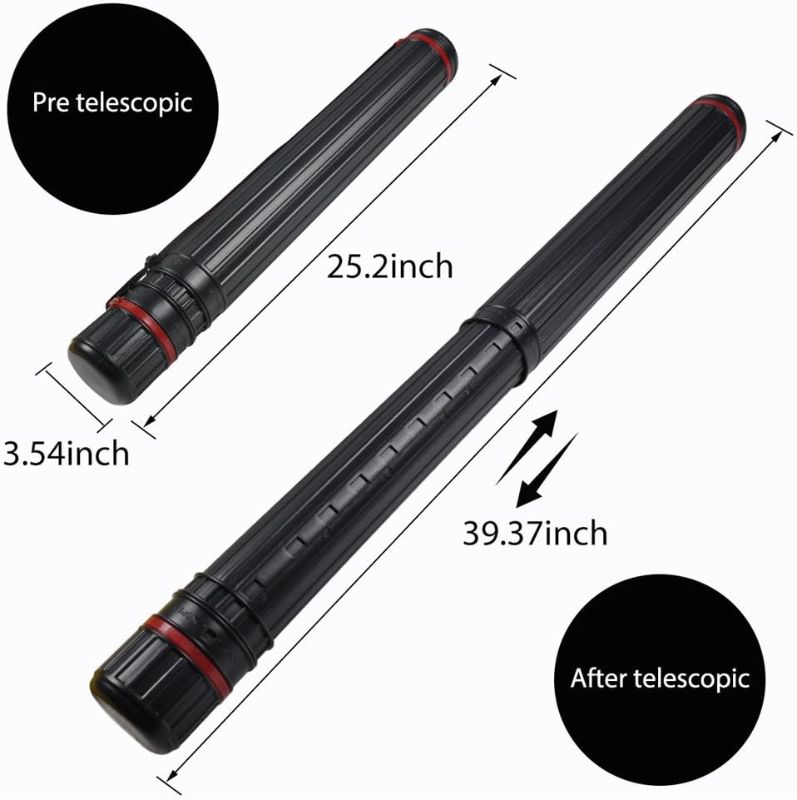 Photo 1 of Drawing Tube Blueprint Case DEWEL Telescoping Art Tube Large Plastic Black Storage Tube Expands from 24 to 40 Inches Plastic Waterproof and Light Resistant Poster Tube with Strap