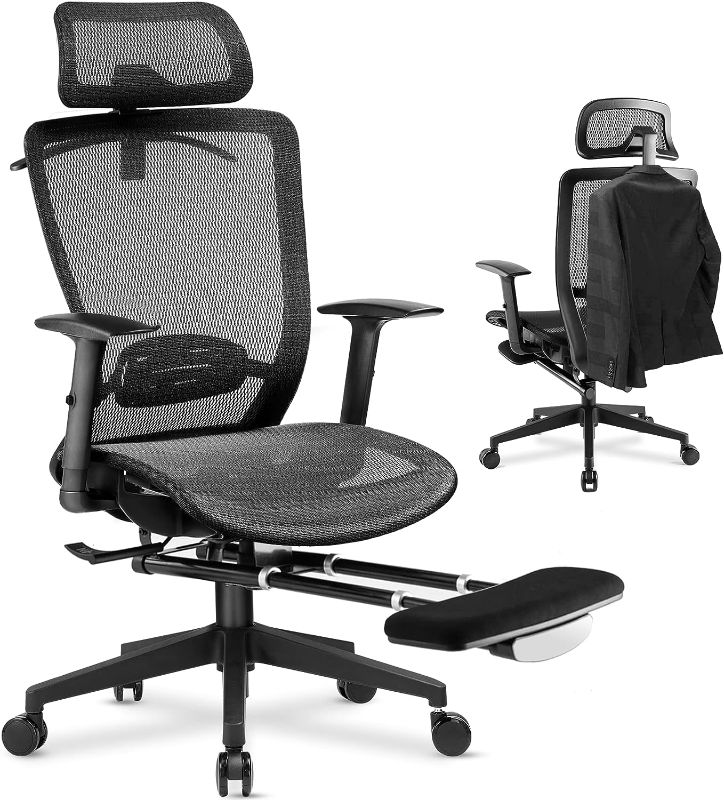 Photo 1 of COMHOMA Ergonomic Office Chair with Footrest and Headrest Executive High-Back Breathable Mesh Desk Chair with Adjustable Armrests and Lumbar Support, Swivel (Black)