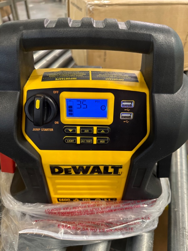 Photo 1 of DEWALT DXAEJ14 Digital Portable Power Station Jump Starter: 1400 Peak/700 Instant Amps, 120 PSI Digital Air Compressor, 3.1A USB Ports, Battery Clamps , Yellow