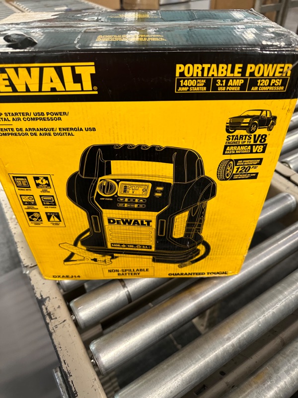 Photo 2 of DEWALT DXAEJ14 Digital Portable Power Station Jump Starter: 1400 Peak/700 Instant Amps, 120 PSI Digital Air Compressor, 3.1A USB Ports, Battery Clamps , Yellow