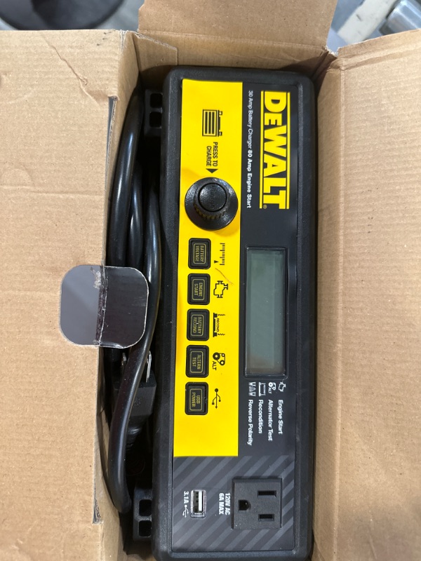 Photo 3 of DEWALT DXAEC801B 30 Amp Bench Battery Charger: 80 Amp Engine Start, 2 Amp Maintainer, 120V AC Outlet, 3.1A USB Port, Battery Clamps Single Battery Charger