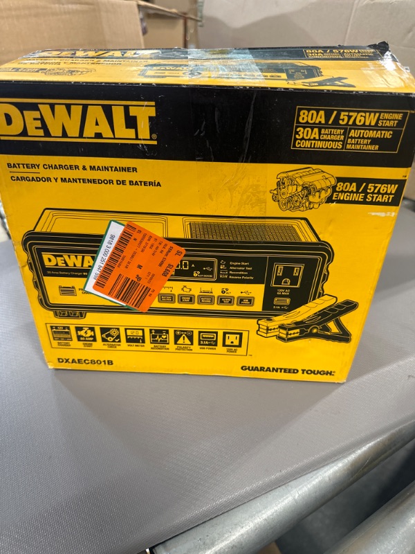 Photo 2 of DEWALT DXAEC801B 30 Amp Bench Battery Charger: 80 Amp Engine Start, 2 Amp Maintainer, 120V AC Outlet, 3.1A USB Port, Battery Clamps Single Battery Charger