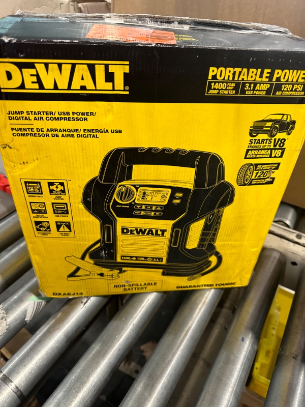 Photo 2 of DEWALT DXAEJ14 Digital Portable Power Station Jump Starter: 1400 Peak/700 Instant Amps, 120 PSI Digital Air Compressor, 3.1A USB Ports, Battery Clamps , Yellow