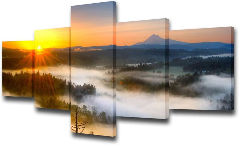 Photo 1 of 5 Pieces Canvas Prints Autumn Sunrise Above Foggy Forest Picture Artwork Fall Colorful Valley Full Of Dense Mist Colored With Hot Sun Rays Landscape Poster...
