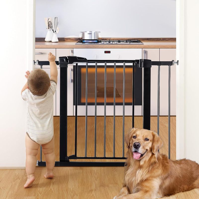 Photo 1 of BABELIO 26-40 Inch Easy Install Extra Wide Pressure Mounted Metal Baby Gate, No Drilling, No Tools Required, with Wall Protectors and Extenders (Black)