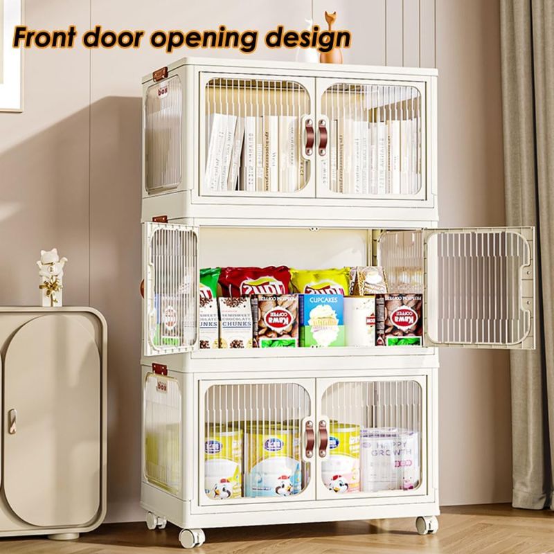 Photo 1 of XIYAO Plastic Collapsible Storage Bins with Lidss,4-Tier Folding Storage Box with Door and wheels, Wardrobe Closet Organizer,Toy Storage, Foldable Plastic Storage Container, Crate for Book Storage Bedroom Living Room Kitchen Study Office,8 Gal*4
