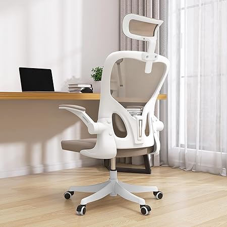 Photo 1 of Monhey Home Office Desk Chair Office Chairs, Ergonomic Office Chair with Adjustable Headrest, Lumbar Support and Flip-up Arms, Computer Chair Khaki Mesh Chair for Home Office
