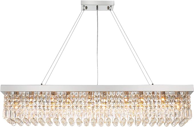 Photo 4 of 7PM Rectangle K9 Crystal Chandelier Modern Rectangular Pendant Light Fixture for Dining Room Kitchen Island Chrome L47 x W10 x H10
