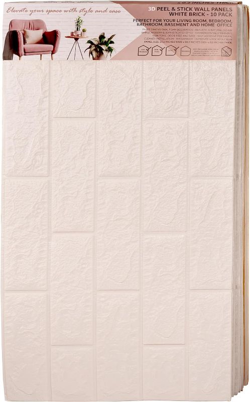 Photo 1 of 3D Peel and Stick Wall Panels - 10 Pack - 58 Square Feet Coverage Area - Self-Adhesive PE Foam Tiles for Home Decor by D G SIMOS - White Brick Pattern