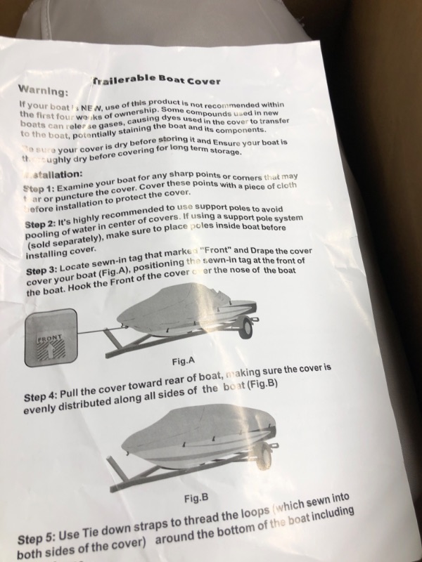 Photo 4 of NEXCOVER Trailerable Boat Cover, Length: 16’-18.5’ Beam Width: up to 94”, Waterproof Heavy Duty Cover, Fits V-Hull, TRI-Hull, Runabout, Pro-Style, Bass Boat, Storage Bag & Tightening Straps Included. 16-18.5ft long,beam width up to 94in Grey