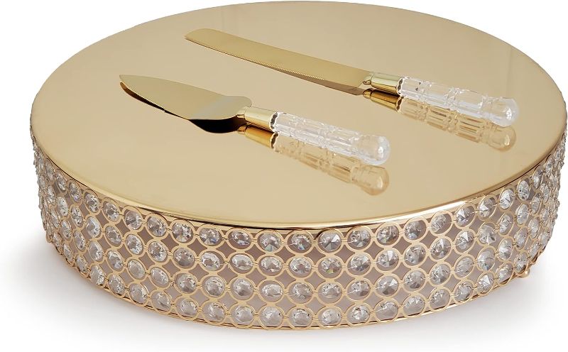 Photo 1 of 18” Round Crystal Beaded Cake Stand with Cake Knife and Server Set (Gold)
