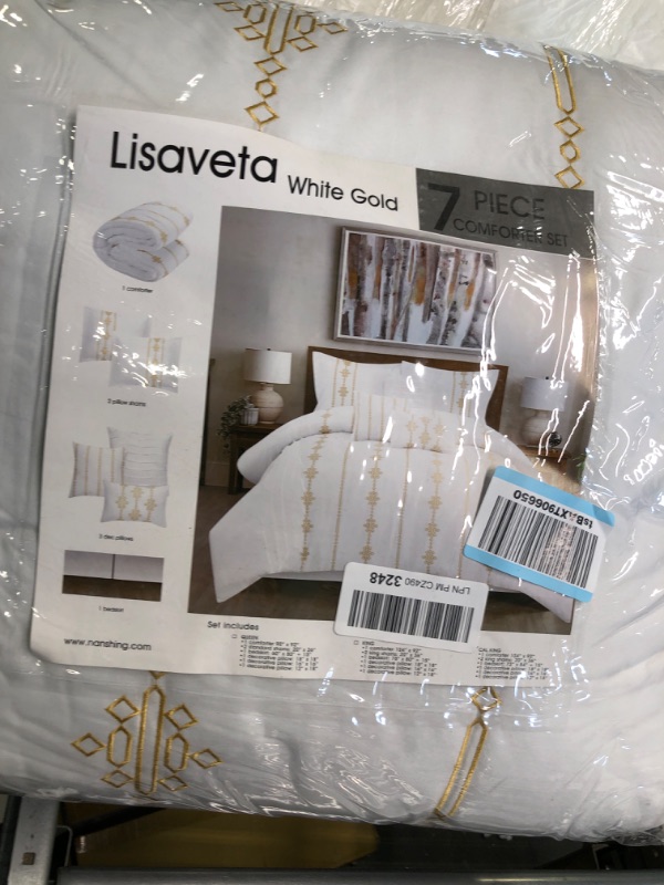 Photo 3 of Stratford Park Luxurious 7 Piece Comforter Set, Decorative Design, White and Gold, California King Size California King White Gold