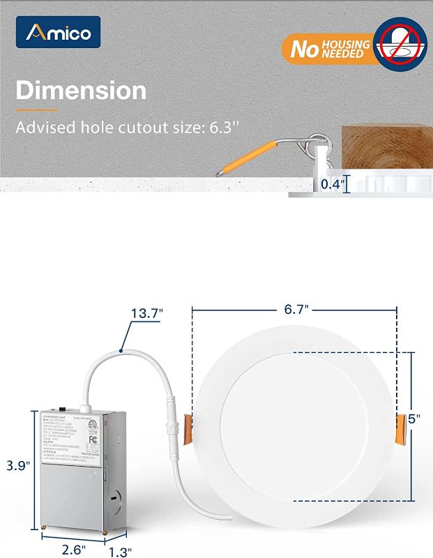 Photo 1 of Amico 6 Inch 5CCT Ultra-Thin LED Recessed Ceiling Light with Junction Box, 2700K/3000K/3500K/4000K/5000K Selectable, 1050LM Brightness, Dimmable Canless Wafer Downlight, 12W Eqv 110W-ETL&FCC