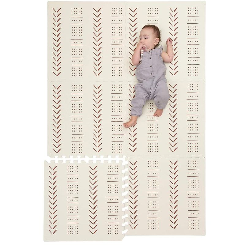 Photo 1 of CHILDLIKE BEHAVIOR Baby Play Mat - Play Pen Tummy Time Mat & Crawling Mat Foam Play Mat for Baby with Interlocking Floor Tiles 72x48 Inches Puzzle - Baby Floor Mat Infants & Toddlers (X-Large, Beige) 72x48 Inch Beige Mudcloth