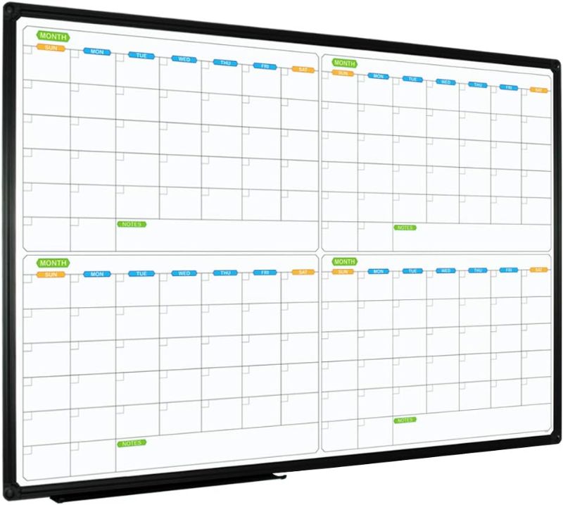 Photo 1 of Magnetic Dry Erase Calendar Whiteboard, 4 Month White Board Planner 36 X 24 Inch, Black Aluminum Frame Wall Mounted Board for Office Home and School
