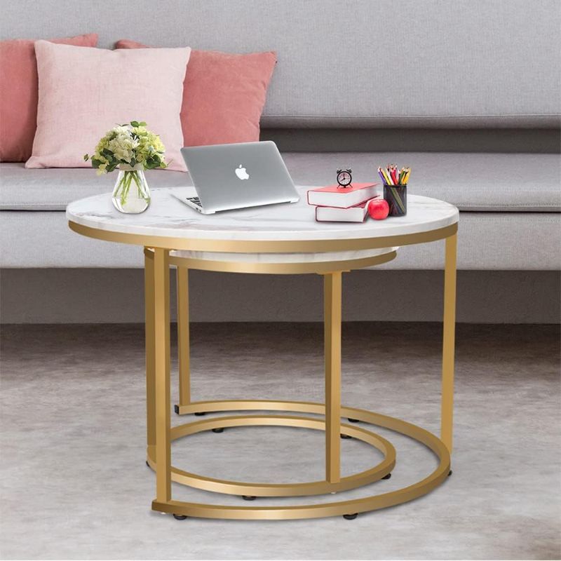 Photo 1 of aboxoo Coffee Table Nesting White Set of 2 Side Set Golden Frame Circular and Marble Pattern Wooden Tables, Living Room Bedroom Apartment Modern Industrial Simple Nightstand
