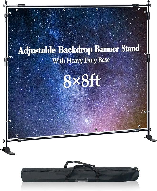 Photo 1 of Golemas Backdrop Banner Stand, Adjustable Heavy Duty Background Holder, Photo Step and Repeat Stand with Carrying Bag, for Photography, Party, Birthday, Christmas, Trade Show. (8x8FT)