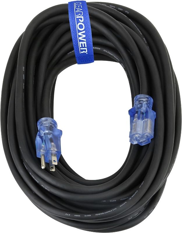 Photo 1 of Clear Power 100 ft 12/3 SJOOW Heavy Duty Rubber Outdoor Extension Cord, Power Indicator Light, Oil Water, Kink & Weather Resistant, Flame Retardant, Black, 3 Prong Grounded Plug, CP10186
***Stock photo is a similar item, not exact***