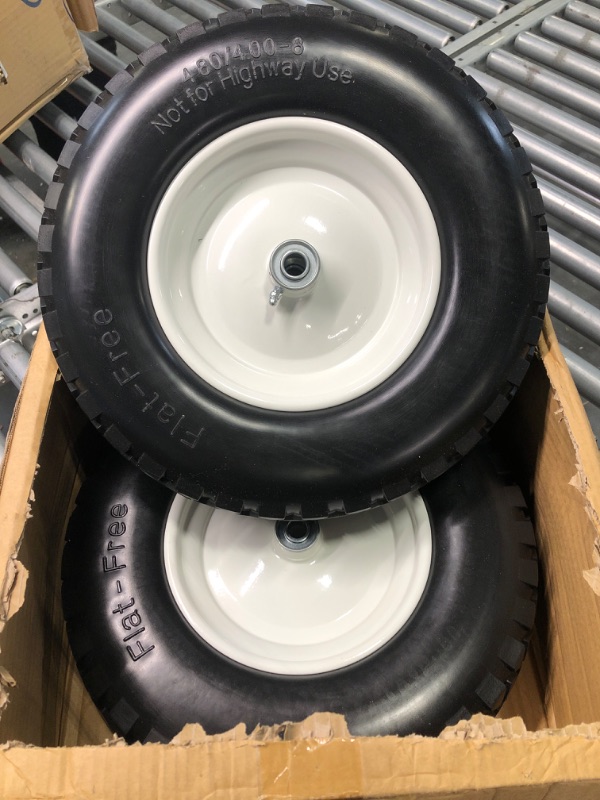 Photo 4 of HIKYROKY 16" Flat Free Pneumatic 4.80/4.00-8" Solid Tire with 5/8" Ball Bearing, Universal Hand Truck Flat Free Trailer Wheelbarrow Tire for Wheelbarrow/Hand Truck/Tool Cart/Garden Cart, 2 Pcs White 2 Pcs 4.80/4.00-8 & 5/8" bearing