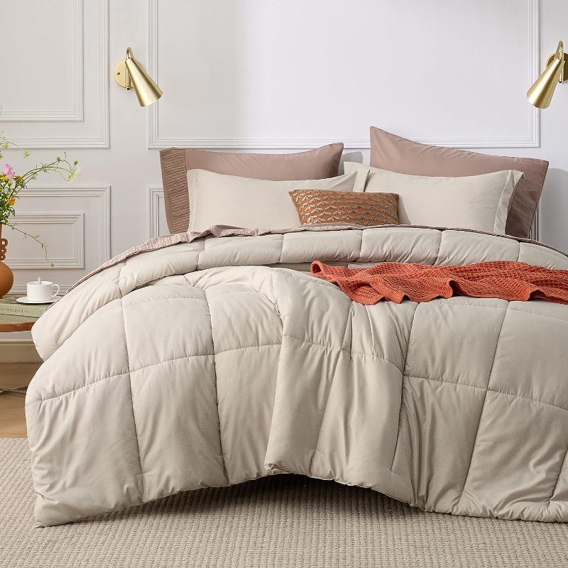 Photo 1 of Bedsure Beige Queen Comforter  - Sand Basket Weave Pattern Down Alternative Comforter 