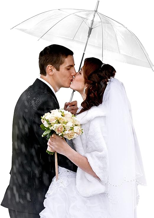 Photo 1 of 10 Pack Clear Wedding Umbrellas Auto Open Windproof Clear Umbrella Transparent Stick Umbrella with J Hook Handle Large Clear Bubble Umbrella Bulk for Outdoor Bride Groom Ceremony Adults Kids Rain