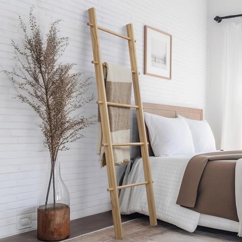 Photo 1 of 5 Ft Wooden Blanket Ladder Farmhouse - Quilt Ladder for Bedroom - Wood Ladder Decor - Decorative Ladder for Blankets - Easy to Assemble - Farmhouse Ladder Blanket Holder - Wooden Ladder for Blankets