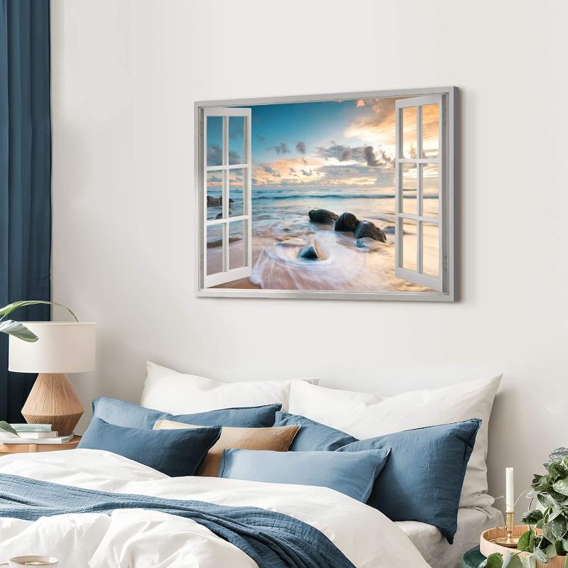 Photo 1 of Beach Canvas Bedroom Wall Art: Sunset Ocean Window View Artwork Large Nature Office Landscape Painting Quiet Seascape Photo Wave Rocky Coastal Pictures for Living Room Gallery Bathroom