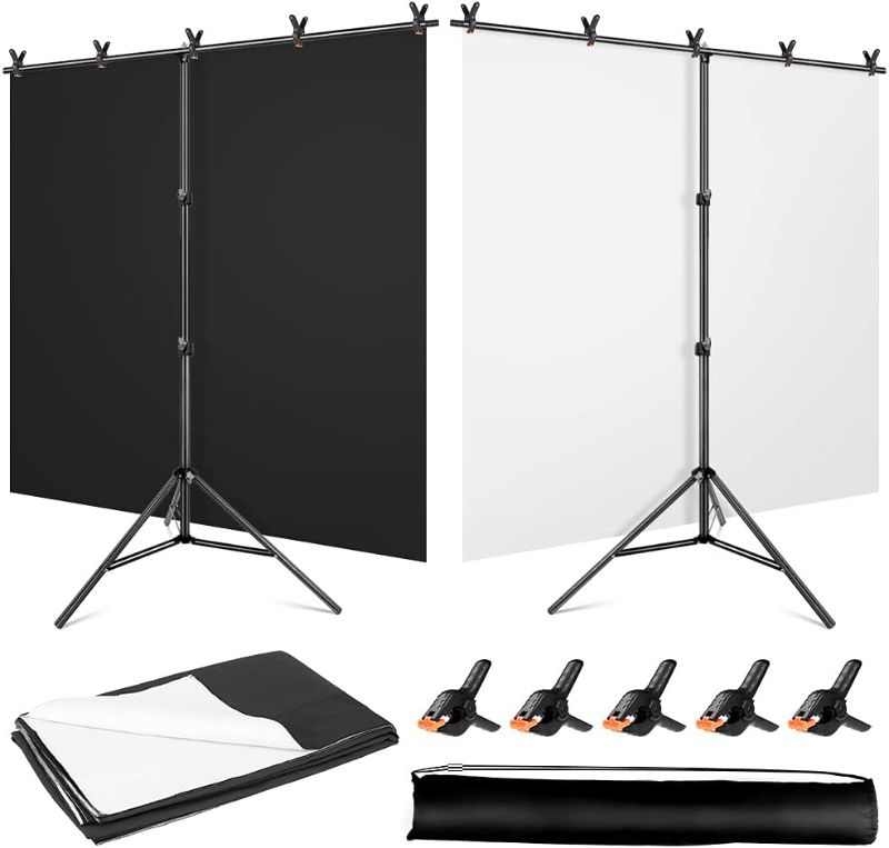 Photo 1 of YAYOYA Black White Backdrop Screen with Stand Kit 5x6.5ft for Photo Video Studio, 2-in-1 Revisible Black Backdrop White Screen with T-Shaped Photography Background Support Stand and 5 Backdrop Clamps
