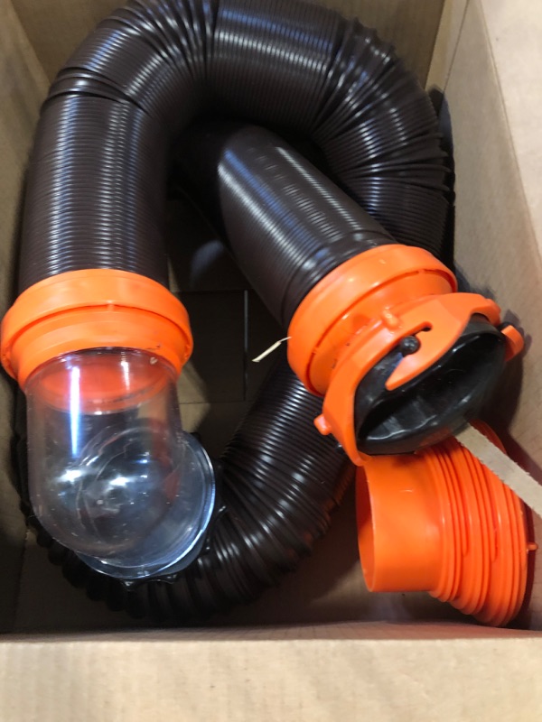 Photo 2 of Camco 20' (39742) RhinoFLEX 20-Foot RV Sewer Hose Kit, Swivel Transparent Elbow with 4-in-1 Dump Station Fitting-Storage Caps Included , Black , Brown 20ft Sewer Hose Kit Frustration-Free Packaging