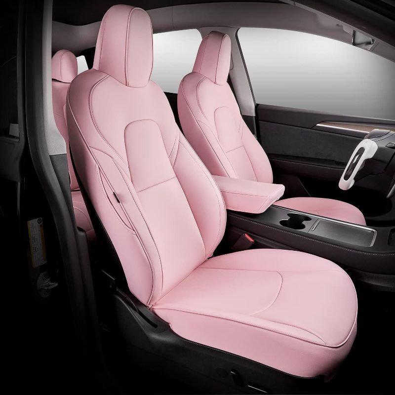 Photo 1 of Maysoo Tesla Model 3 Seat Covers Nappa Leather Car Seat Covers Full Set, for Tesla Model 3 2023-2017 All Weather Protection Pink car seat Covers (Pink-Nappa,Model 3(Full Set))
