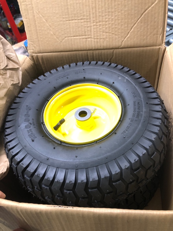 Photo 2 of (2 Pack) AR-PRO Exact Replacement 15" x 6.00 - 6" Front Tire and Wheel Assemblies for John Deere Riding Mowers - Compatible with John Deere 100 and D100 Series - 3” Hub Offset and 3/4” Bushings 15" x 6.00-6" Yellow