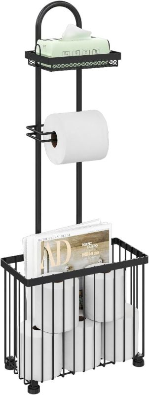 Photo 1 of X-cosrack Freestanding Toilet Paper Holder Toilet Tissue Rack Scroll Stand Roll Dispenser with Storage Shelf Reserve for Phone Tablet Magazine Bathroom Organizer Bath Tissue Organizer (Black)