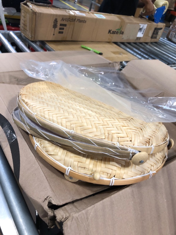 Photo 1 of 3Pcs Food Serving Tent Basket Covered Round Bamboo Food Storage Container Basket Dustproof Picnic Basket Hand-Woven Dustpan with Mesh Gauze Cover for Vegetable Fruit Bread Party (12''+14''+16'')